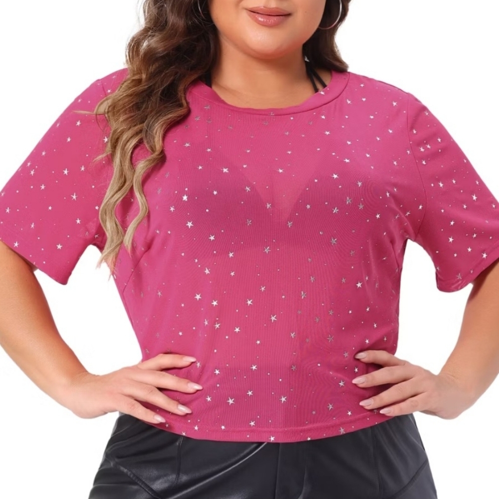 Wild Love Pink Mesh Star Print Top Women’s Plus Size 2X Short Sleeve Glitter Tee